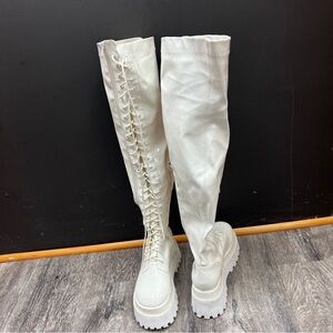 Dollskill White Knee-High Lace-Up Platform Boots - Women's Fashion Boots